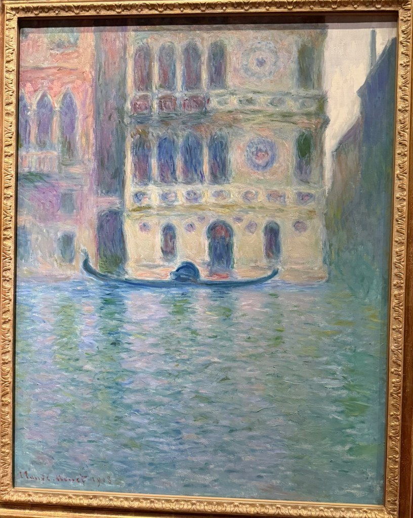 A painting of a serene canal scene in Venice featuring a gondola in the foreground and ornate buildings reflecting in the water, created using soft brush strokes and pastel colors.
